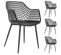 Lot de 4 chaises LUCIA pour salle à manger ou cuisine au design retro avec accoudoirs, coque en plastique noir et 4 pieds métal noir