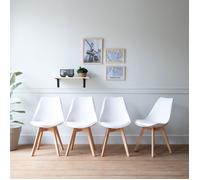 Happy Garden Lot de 4 chaises Nora – style scandinave, blanches, coussin, pieds en hêtre massif