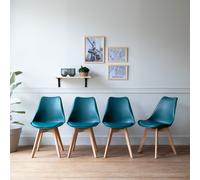 Happy Garden Lot de 4 chaises salle à manger Nora – scandinave, bleues, coussin, pieds hêtre massif
