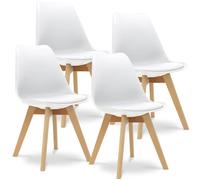 Lot de 4 Chaises Style Scandinave Coque Rigide Blanche, Assise mousse et revetement PU, avec 4 Pieds Bois