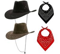 Lot de 4 chapeaux de cowboy en faux daim avec bandanas pour adultes - Marron et noir - Accessoires de déguisement de cowgirl classique pour fêtes, festivals, cosplay