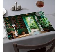 Lot de 4 chemins de table « A Cozy Library with an Open Door » menant à un jardin luxuriant - Tapis de table fraises - Sets de table de Pâques