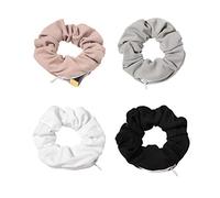 Lot de 4 Chouchous avec Poches Cachées pour Femme - Élastiques à Cheveux avec Fermeture éclair - Accessoire Cheveux pour Filles et Amies (Noir, Blanc, Rose, Gris)