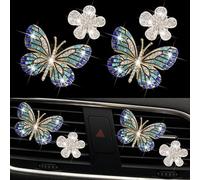 Lot de 4 clips pour grille d'aération en forme de papillon bleu avec marguerite en cristal et décoration en strass, diffuseur de fleurs en diamant, accessoires d'intérieur de voiture pour femme