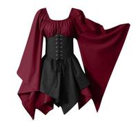 Lot de 4 Costume Medieval pour Femme - Robe d'Halloween Rétro à Manches évasées - Corset Renaissance - Costume de Pirate Cosplay - Deguisement Medievals,Vin,M,f503r