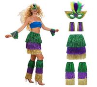 Lot de 4 Costumes de Carnaval pour Femme Deguisement Soiree Cosplay Adulte, Jupe à Frange+Bracelets+Masque+Jambières, Vert Accessoire Année 80, Paillette Costume Samba pour Rave Parties, Fêtes