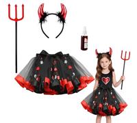 Lot de 4 costumes de diable pour enfants, costume d'Halloween pour filles, jupe tutu avec cornes de diable, bandeau et faux sang, costume de diabler rouge pour Halloween, robe de diablei pour carnaval