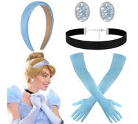 Lot de 4 costumes de princesse pour femme et fille - Couronne de princesse - Accessoires de cheveux - Gants bleus - Costume de Cendrillon - Costume de Cendrillon - Costume de carnaval