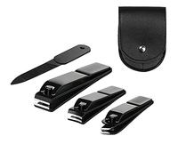 Lot de 4 coupe-ongles, coupe-ongles ultra tranchants et robustes en acier inoxydable noir et une lime à ongles avec pochette de voyage en cuir (pochette noire et noire)