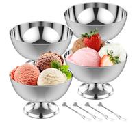 Lot de 4 coupes à glace, en acier inoxydable, diamètre : 10 cm, 250 ml, avec fourchette à dessert, bols à dessert, cocktails, bols à dessert avec pied, pour crème glacée, sundae, fruits, salade