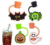 Lot de 4 couvercles de paille d'Halloween - Couvercles de paille anti-poussière pour gobelets de 8 mm - en silicone souple pour - Décorations réutilisables pour fêtes