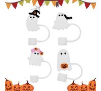 Lot de 4 couvercles de paille en silicone réutilisables pour Halloween - Accessoires mignons pour boissons d'Halloween - Décorations de paille effrayante 3D pour gobelets de 10 mm de diamètre