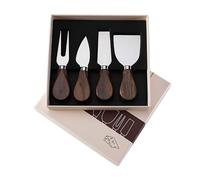 Lot de 4 couverts à fromage en acier inoxydable avec manche en bois de noyer, ensemble de couteaux à fromage pour fromage dur et mou, fourchette de service et fouet à beurre, dans un coffret cadeau, 3