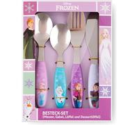 Lot de 4 couverts pour enfant La Reine des Neiges en acier inoxydable Rose | Couteau, fourchette, cuillère, cuillère à dessert avec Elsa, Anna et Olaf - Dans un coffret cadeau, à partir de 3 ans