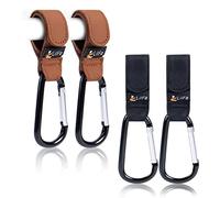 Lot de 4 crochets de poussette pour bébé à suspendre | Sangles de poussette multifonctions avec clips durables et élégants pour sacs à langer | Le crochet parfait pour poussette, marcheur et courses (marron et noir)