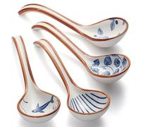 Lot de 4 cuillères à soupe asiatiques en céramique - Cuillères coréennes en porcelaine japonaise pour ramen, nouilles Pho Miso, Dumpling (Style 1)