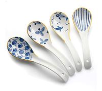 Lot de 4 Cuillères à Soupe Chinoises en Céramique de 15,7 cm, Style Rétro Japonais, Créatives en Porcelaine Asiatique pour Céréales Ramen