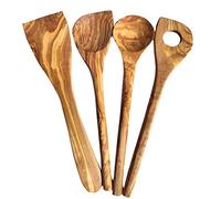 Lot de 4 cuillères de cuisine de qualité supérieure - En bois d'olivier - Rondes, avec coin, spatule et cuillère à risotto