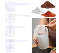 Lot de 4 cuillères doseuses de lessive - 100 ml, 70 ml, 50 ml, 40 ml - En plastique transparent - Avec graduation pour lait en poudre, poudre de protéines, farine, fournitures de cuisine