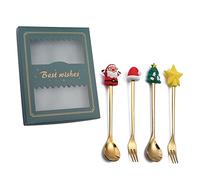Lot de 4 cuillères fourchettes en acier inoxydable avec pendentif de Noël pour café, thé, soupe, dessert, assaisonnement, crème glacée