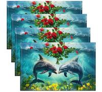 Lot de 4 Dauphin Mignon Tapis de Table Hommes Femmes 45x30 Impression 3D Dauphin Imperméable Sets de Table Rouge Jaune Fleurs Sets de Table Bleu Marine Vie Tapis de Table Rouge Rose Décoration