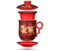 Lot de 4 de dragon chinois Motif Tea-mug avec filtre Infuseur et couvercle et soucoupe à thé en céramique Mug Porcelaine de Chine pratique du système Personnel Tasse à thé, 382,7 gram (400ml)/4 couleurs Rouge