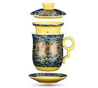Lot de 4 de dragon chinois Motif Tea-mug avec filtre Infuseur et couvercle et soucoupe à thé en céramique Mug Porcelaine de Chine pratique du système Personnel Tasse à thé, 382,7 gram (400ml)/4 couleurs vert foncé