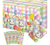 Lot de 4 de Pâques Nappes à carreaux arc-en-ciel Nappes à motifs de lapins à fleurs printanières de Pâques Buffalo à carreaux lapin à tulipes 51 x 86 pouces