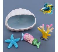 Lot de 4 décorations d'aquarium sur le thème de l'océan : grotte de coquillages en céramique, corail en résine et étoile de mer, jolie figurine de sirène - Cachette et ornement pour poissons Betta