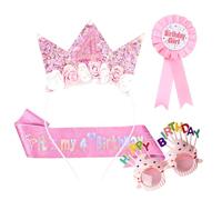 Lot de 4 décorations de 4e anniversaire pour filles, y compris une écharpe d'anniversaire à paillettes, un badge rose, une couronne de fleurs et des lunettes pour filles de 4 ans