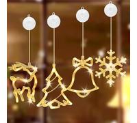 Lot de 4 décorations de fenêtre LED pour Noël, éclairage de Noël, décoration intérieure avec ventouses, flocons de neige, arbre de Noël, cloche et renne, lumière blanche chaude, fonctionne avec piles