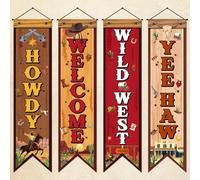 Lot de 4 décorations de fête de cowboy occidental - Bannière « Howdy Yes Haw Welcome » - Décoration rustique à suspendre - Panneau de porche occidental de cowboy - Décorations de porte pour bar