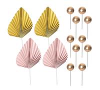Lot de 4 décorations de gâteau en feuille de palmier - 10 boules de gâteau dorées - Drapeau pliable en feuille de palmier - Insert de décoration de gâteau DIY pour anniversaire, fête de mariage