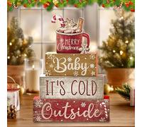 Lot de 4 Décorations de Noël en Bois, Décoration de Noël Intérieure, Noel Ornements de Table en Bois, Décoratives de Table de Noel, Décoratif avac Joyeux Noël de Table pour la Présentation