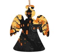 Lot de 4 décorations de Noël en bois en forme d'ange, arbre noir, hibou, tête de citrouille, château, arbre de Noël, décorations rustiques à suspendre pour décoration d'intérieur