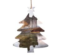 Lot de 4 décorations de Noël en bois en forme de château près du lac, décorations à suspendre pour sapin de Noël rustiques, étiquettes artisanales à suspendre pour décoration de Noël