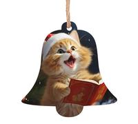 Lot de 4 décorations de Noël en bois en forme de cloche, chat mignon chantant des chants de Noël pour sapin de Noël, décorations de Noël rustiques à suspendre pour décoration de la maison