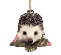 Lot de 4 décorations de Noël en bois en forme de cloche, hérisson dans couronne florale, décorations de Noël rustiques à suspendre pour décoration de la maison