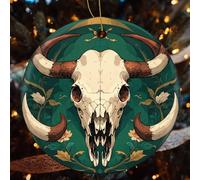 Lot de 4 décorations de Noël en céramique pour décoration d'arbre - Décoration de Noël en forme de tête de mort de taureau - Décoration de Noël à suspendre ronde pour cadeaux de sapin de Noël (7,1 cm)