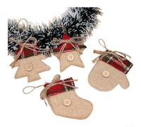 Lot de 4 décorations de Noël en tissu à suspendre pour décoration d'arbre comprenant des étoiles, des chaussettes et des moufles rustiques fabriquées à la main avec cordons sécurisés pour un placement