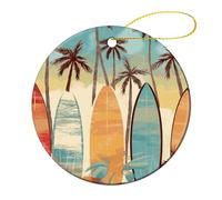 Lot de 4 décorations de Noël rondes en céramique de 7,1 cm, décoration de sapin de Noël imprimée double face, décoration de palmier de planche de surf pour sapin de Noël, vacances d'hiver, décoration