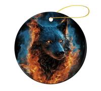 Lot de 4 décorations de Noël rondes en céramique de 7,1 cm, décoration de sapin de Noël imprimée double face, tête de loup dans des flammes bleues, décoration pour sapin de Noël, vacances d'hiver