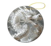 Lot de 4 décorations de Noël rondes en céramique de 7,1 cm, décoration de sapin de Noël imprimée double face, décoration de style dragon blanc pour sapin de Noël, vacances d'hiver, décoration