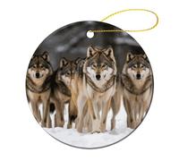 Lot de 4 décorations de Noël rondes en céramique de 7,1 cm, décoration de sapin de Noël imprimée double face, lot de loups pour sapin de Noël, vacances d'hiver, décoration d'intérieur et cadeau