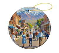 Lot de 4 décorations de Noël rondes en céramique de 7,1 cm, décoration de sapin de Noël imprimée double face, décoration d'art urbain pour sapin de Noël, vacances d'hiver, décoration d'intérieur et