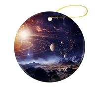 Lot de 4 décorations de Noël rondes en céramique de 7,1 cm, décoration de sapin de Noël imprimée double face, décoration de l'univers galaxie pour sapin de Noël, vacances d'hiver, décoration