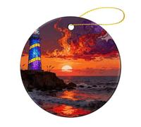 Lot de 4 décorations de sapin de Noël en céramique avec pendentif rond en forme de phare sur la mer - Cadeau souvenir pour sapin de Noël - Décoration à suspendre pour homme et femme - 7,1 cm