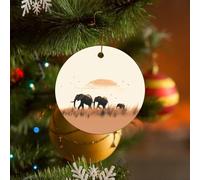 Lot de 4 décorations de sapin de Noël en céramique de forme ronde en forme de famille d'éléphants à suspendre pour sapin de Noël 2024