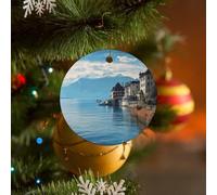 Lot de 4 décorations de sapin de Noël en céramique de forme ronde en forme de lac Léman, Suisse, 2024, décorations de sapin de Noël pour Noël, fête de famille, vacances