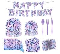 Lot de 4 décorations de table pour fête - Motif énergie des démons violets - Nappe et vaisselle en papier - Décoration de film coréenne pour l'obtention d'un diplôme et les enterrements de vie de